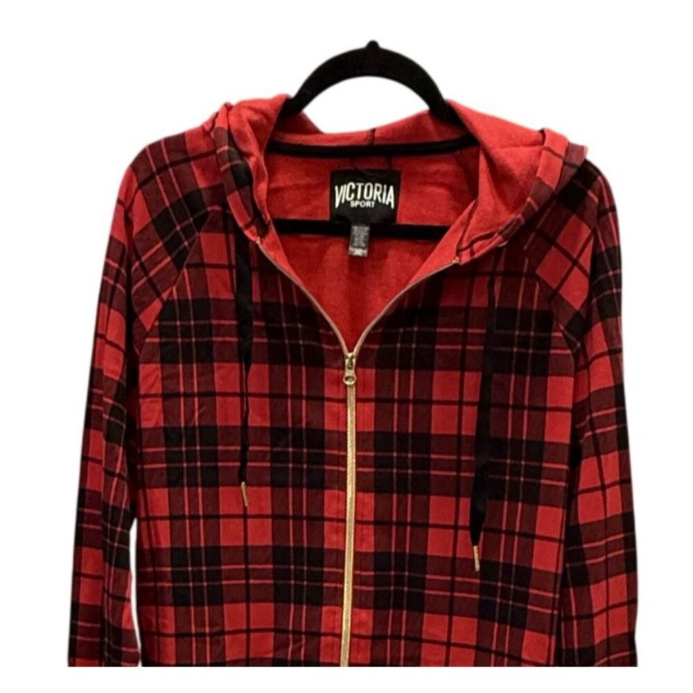 Victoria Sport Red Black Plaid Zip Hoodie Jacket XS  Womens Lightweight Layering - Picture 2 of 6